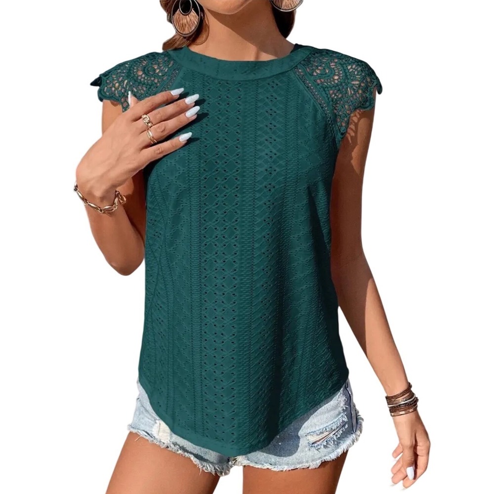 Women's Dark Green Frenchy Contrast Lace Top W/ Tie Back & Lace Detailing | EUC